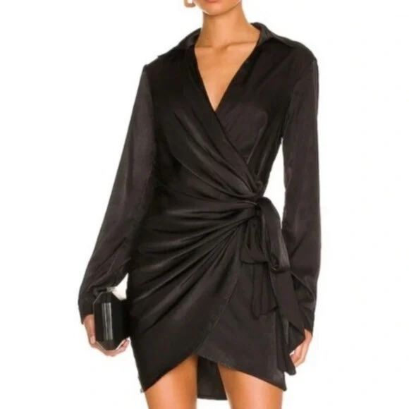 House of Harlow 1960 Dresses & Skirts - House of Harlow 1960 Black Satin Rare Revolve Wrap Long Sleeve Dress, size M